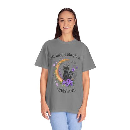 Mystical Black Cat Crescent Moon Floral Graphic Tee – Witchy Cat Lover Shirt