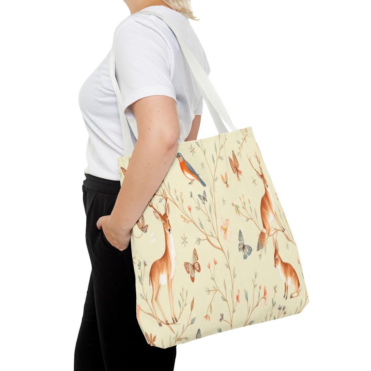 Floral Woodland Tote Bag - Deer & Birds Pattern