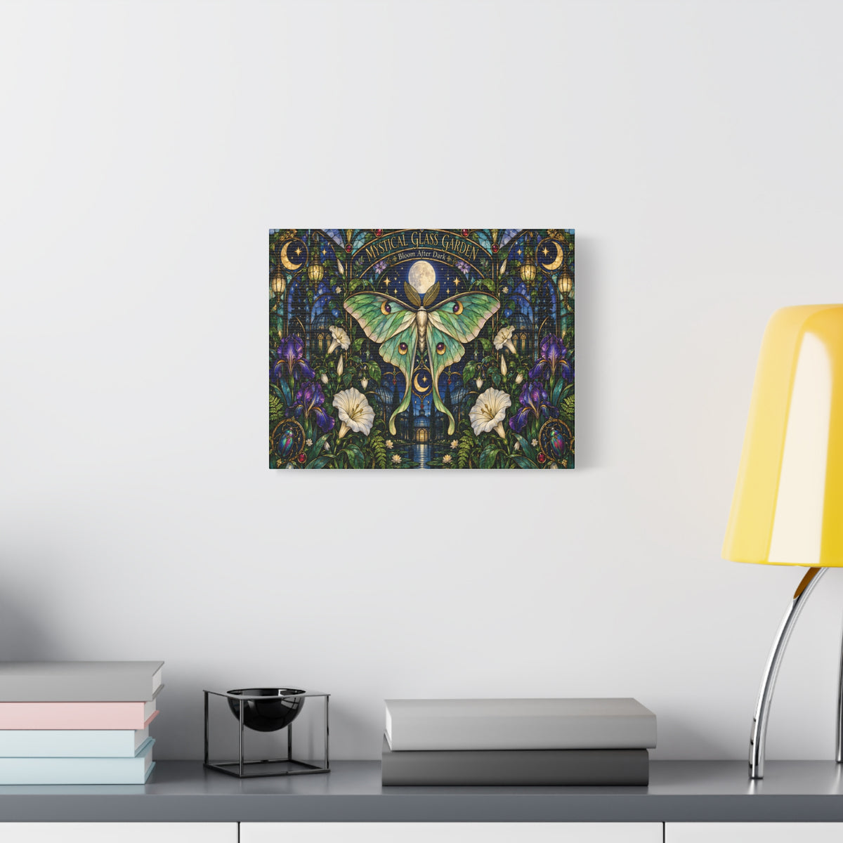 Mystical Glass Garden Luna Moth Canvas Print — 'Bloom After Dark' Stretched Art