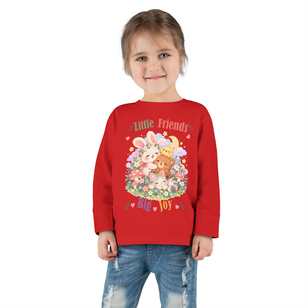 Toddler Long Sleeve Tee — "Little Friends, Big Joy" Cute Animal Floral Shirt for Babies