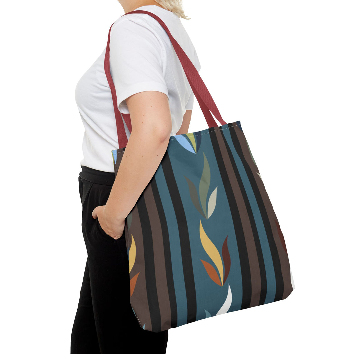 Autumn Stripe Leaf Tote Bag — Retro Boho AOP Canvas Tote