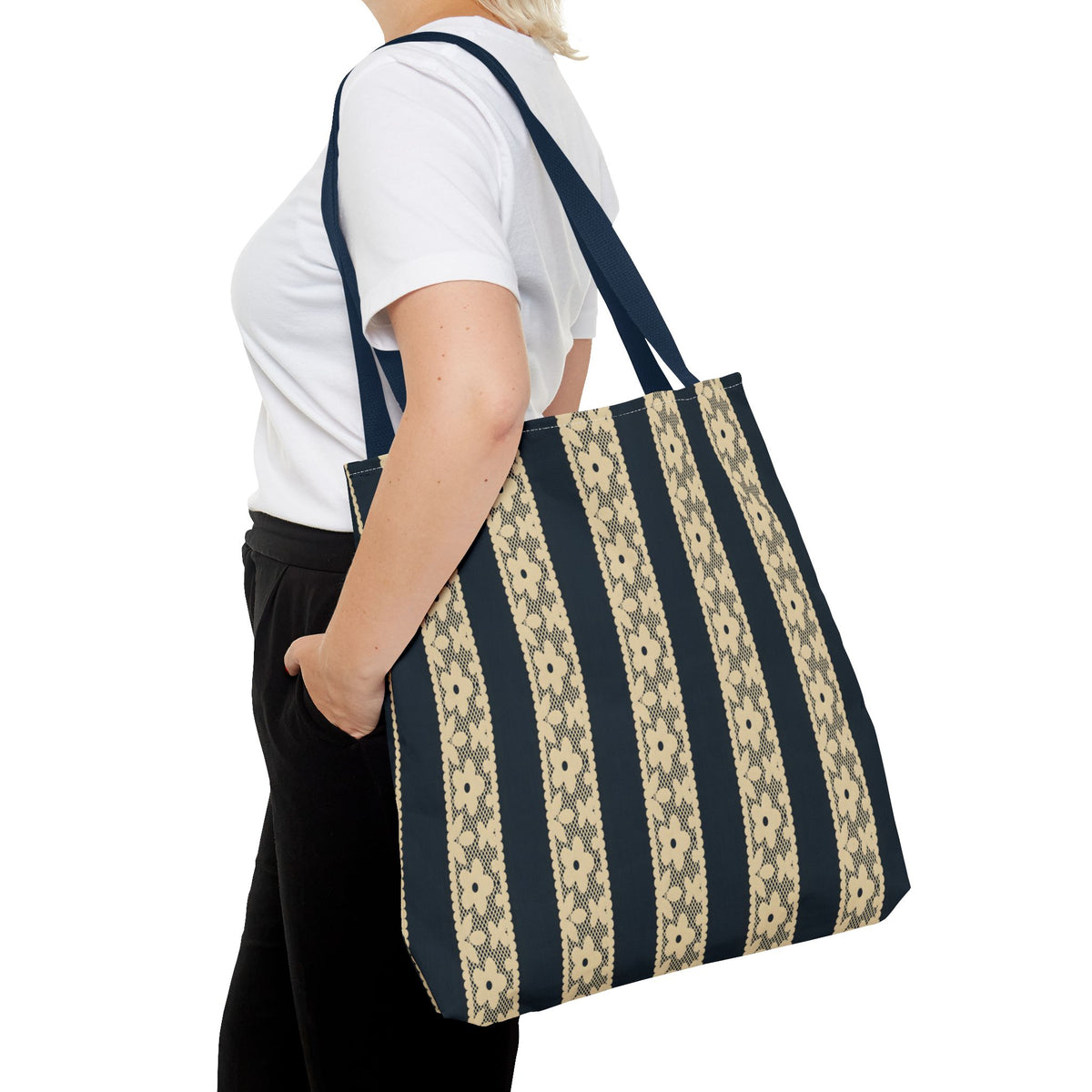 Lace Floral Yellow Black Stripe Tote Bag