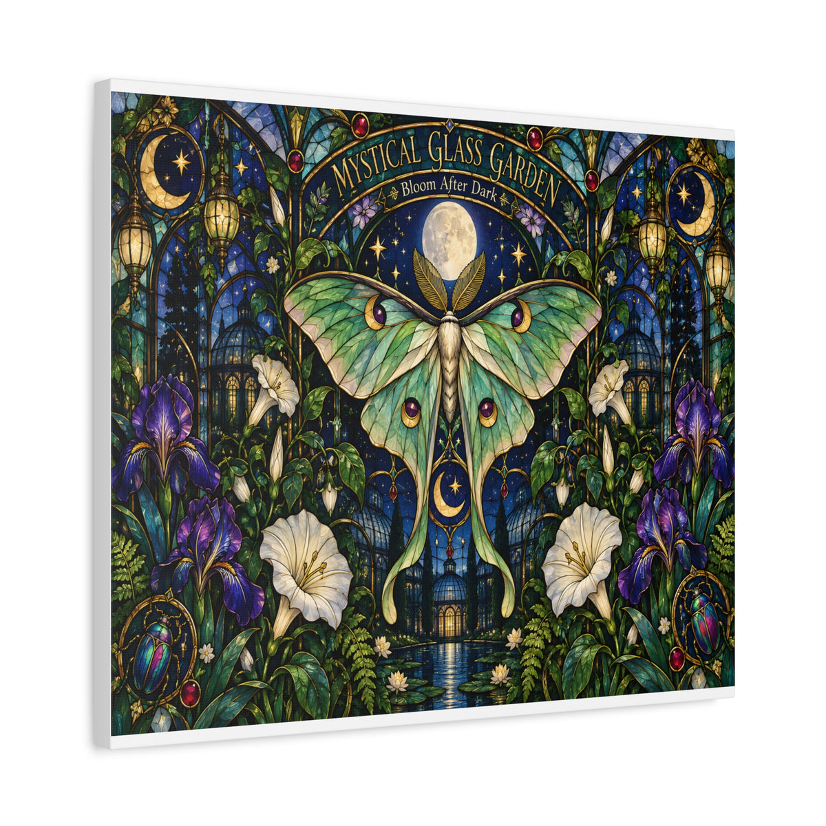 Mystical Glass Garden Luna Moth Canvas Print — 'Bloom After Dark' Stretched Art