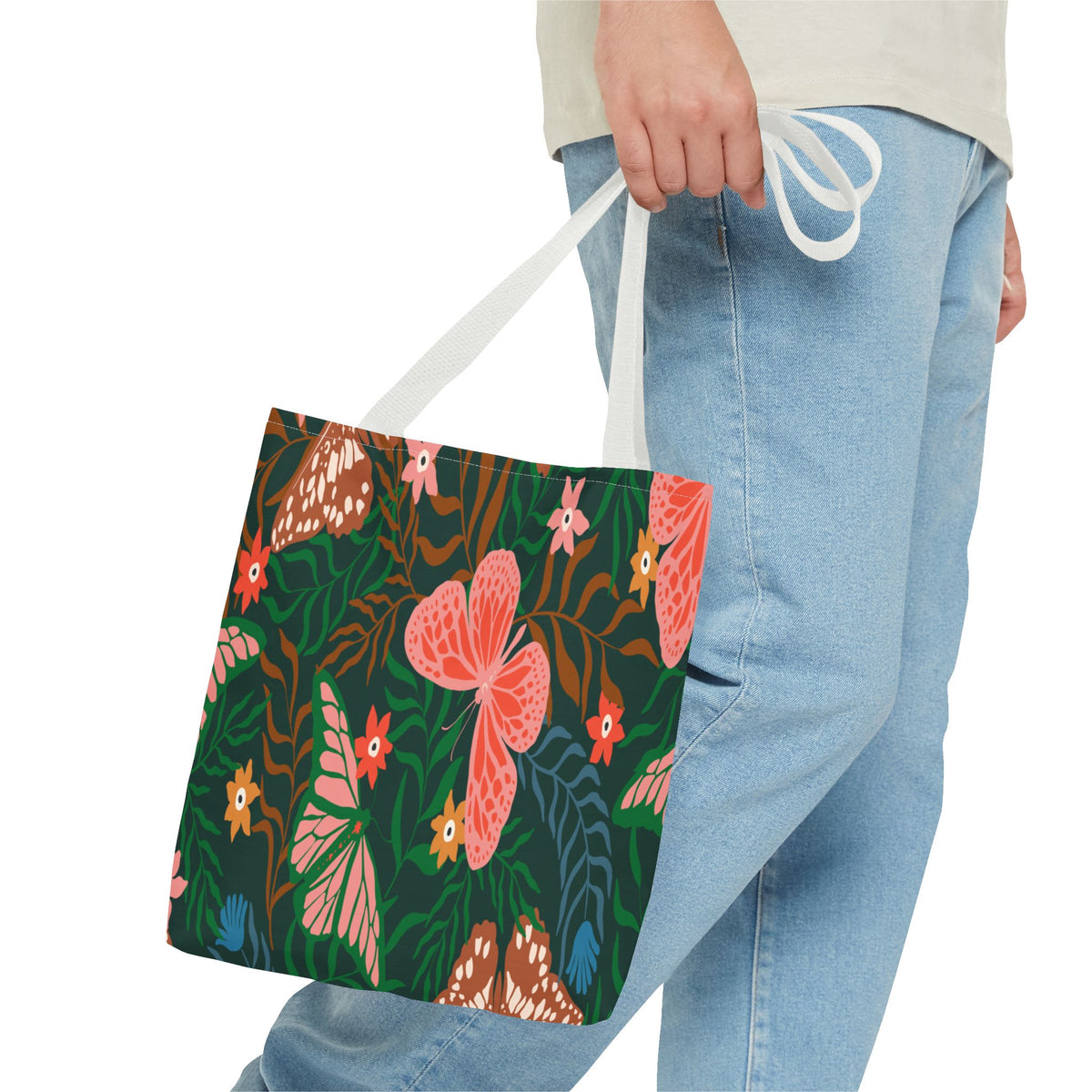 Floral Butterfly Tote Bag — Pink Butterflies on Green Botanical Print