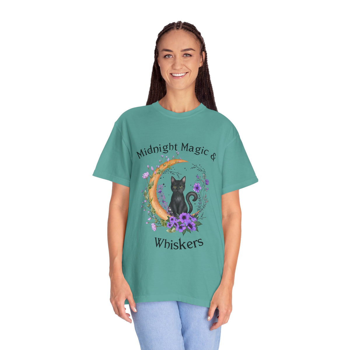 Mystical Black Cat Crescent Moon Floral Graphic Tee – Witchy Cat Lover Shirt