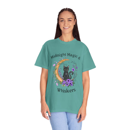 Mystical Black Cat Crescent Moon Floral Graphic Tee – Witchy Cat Lover Shirt