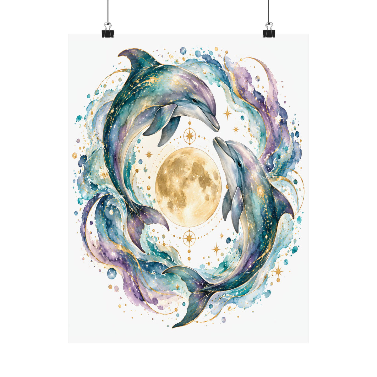 Twin Dolphin Moon Watercolor Art Print