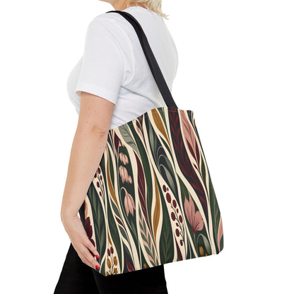 Botanical Wave Tote Bag — Earthy Floral Pattern All-Over Print