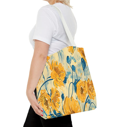 Golden Poppy Meadow Tote Bag – Yellow & Teal Painterly Floral Patter