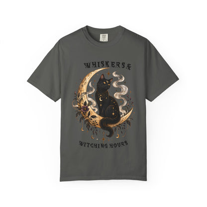 Mystical Black Cat Crescent Moon T-Shirt | Celestial Witchy Cat Tee