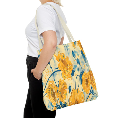 Golden Poppy Meadow Tote Bag – Yellow & Teal Painterly Floral Patter