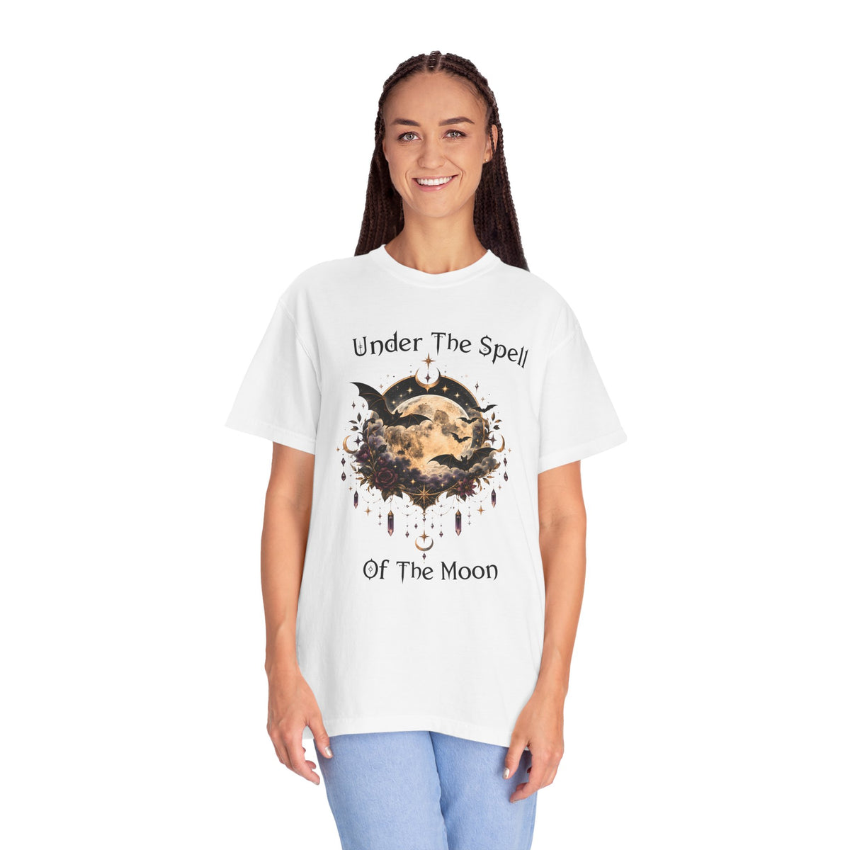 Moonlit Enchantment T-Shirt | Gothic Celestial Moon & Bats Graphic Tee