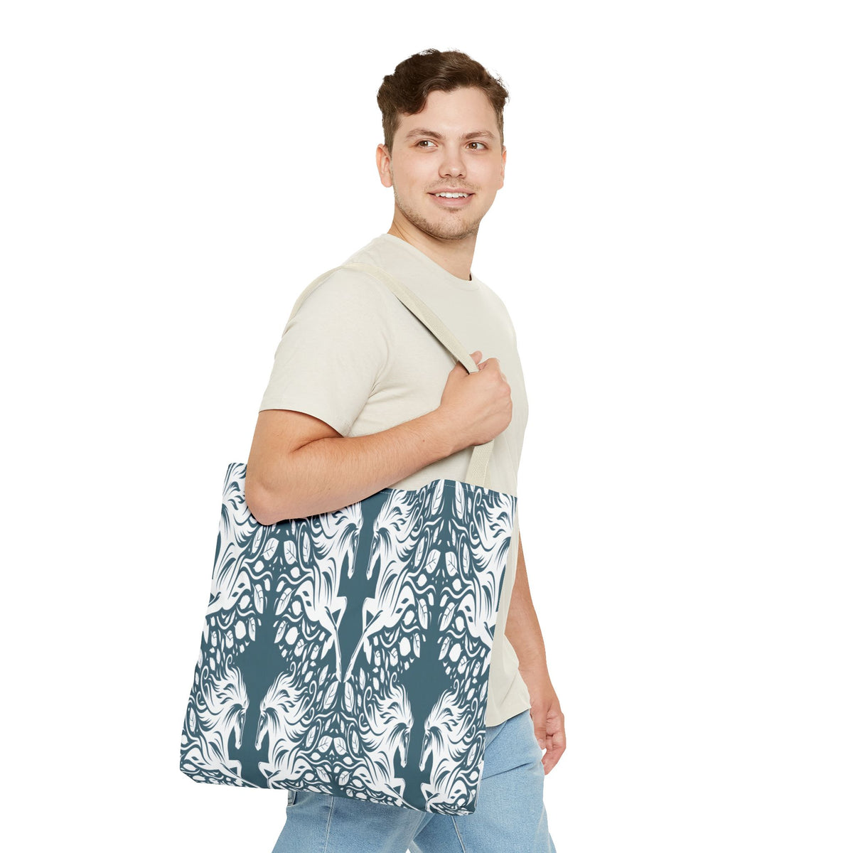 Abstract Teal Symmetry Tote Bag — All-Over-Print Artistic Pattern