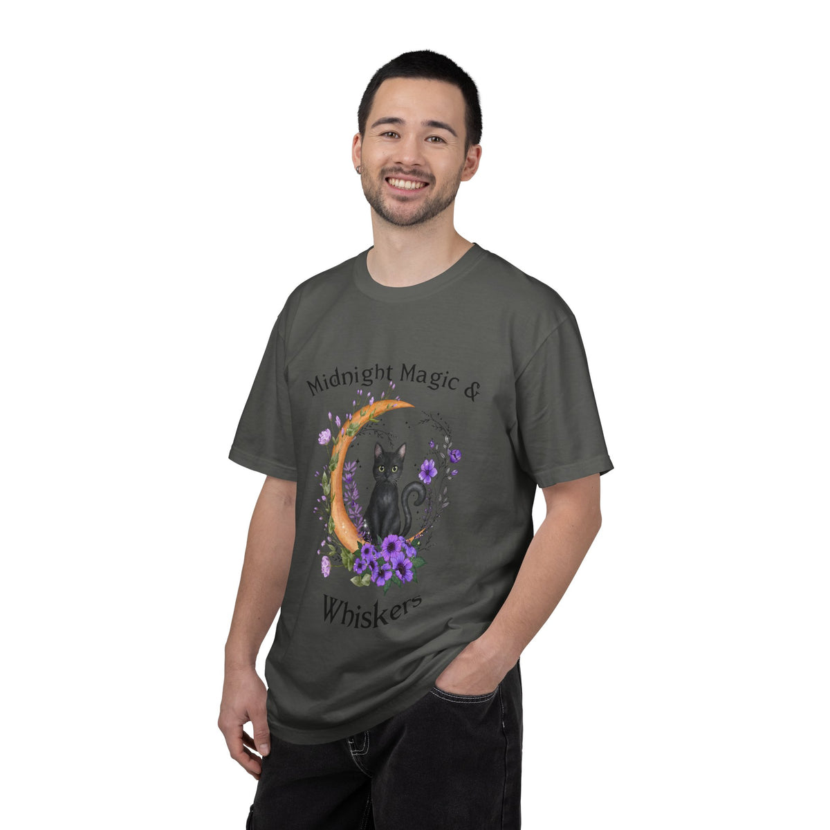 Mystical Black Cat Crescent Moon Floral Graphic Tee – Witchy Cat Lover Shirt