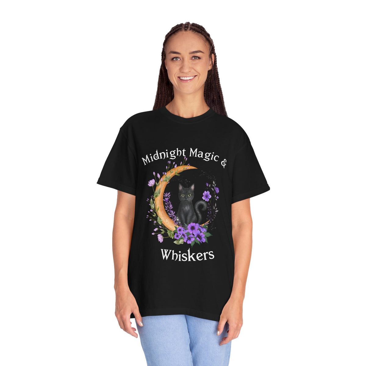 Mystical Black Cat & Crescent Moon Floral T-Shirt | Witchy Cat Tee