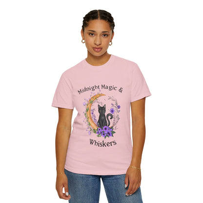 Mystical Black Cat Crescent Moon Floral Graphic Tee – Witchy Cat Lover Shirt