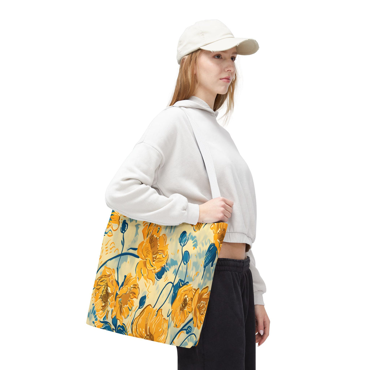 Golden Poppy Meadow Tote Bag – Yellow & Teal Painterly Floral Patter