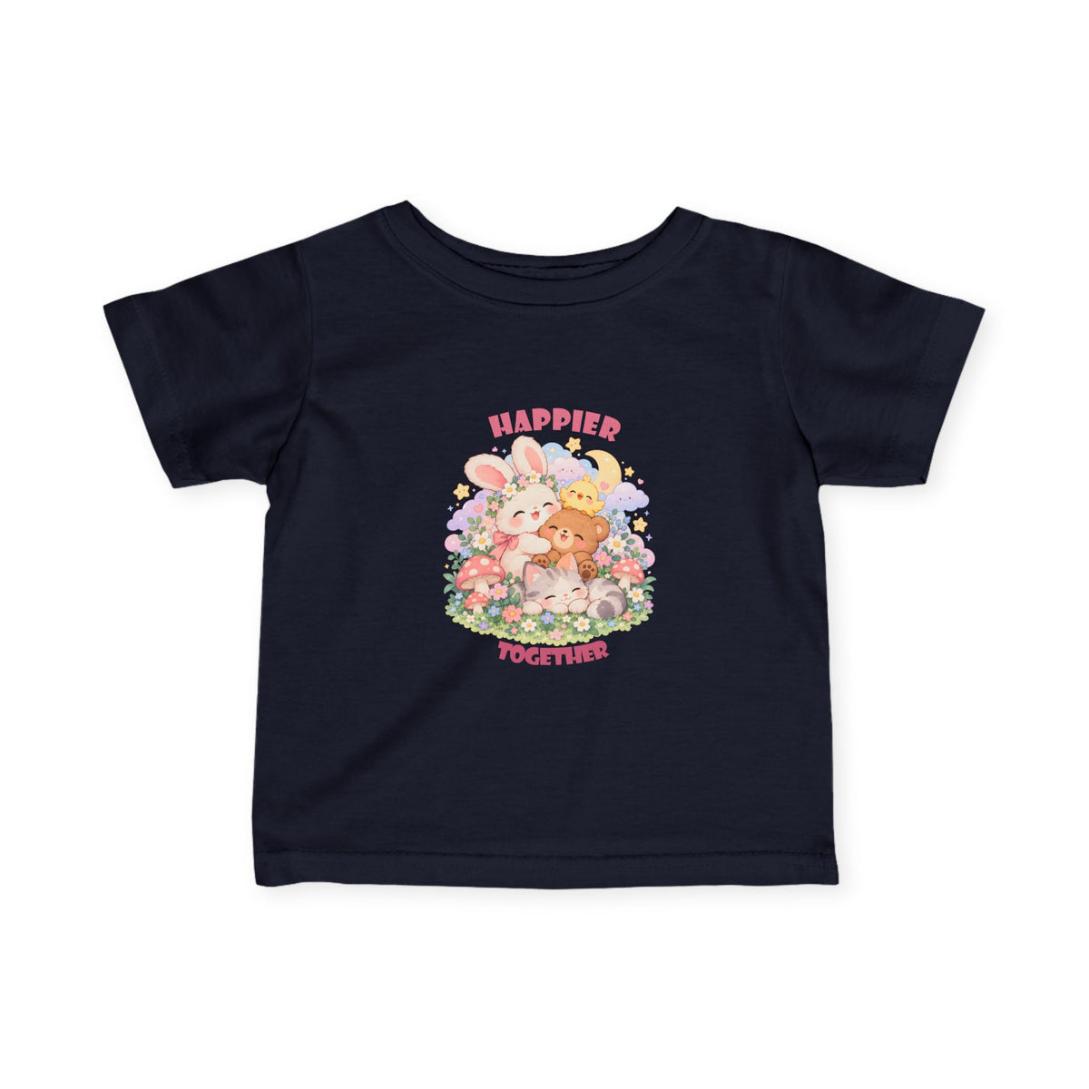 Infant Tee — "Happier Together" Floral Bunny & Bear Baby Shirt