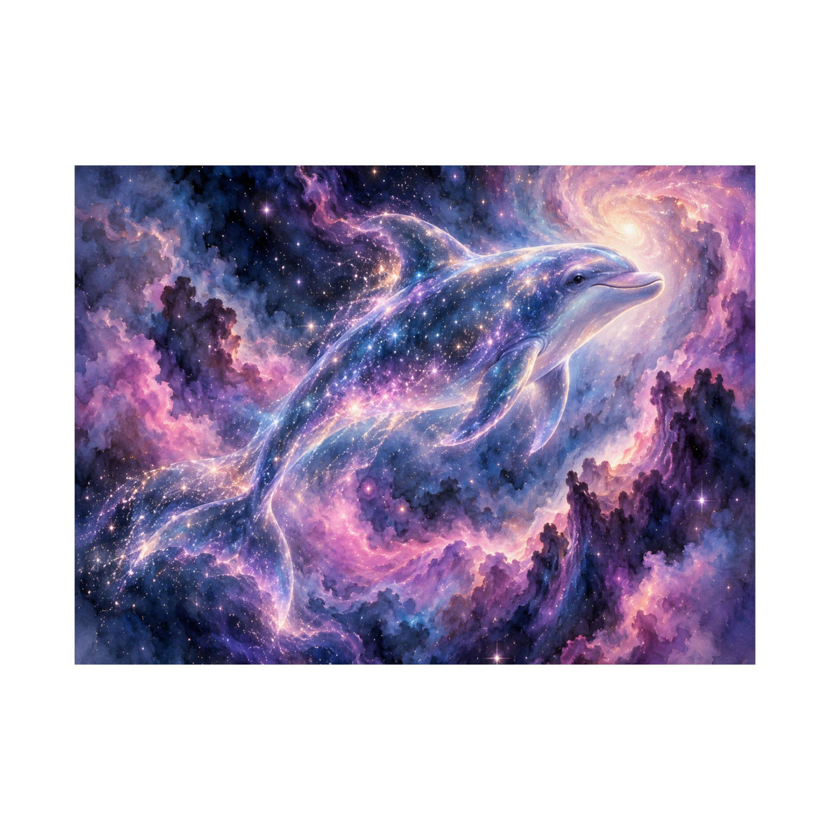 Celestial Dolphin Nebula – Purple Galaxy Watercolor Art Print