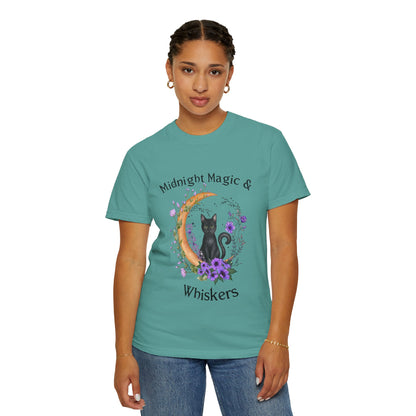 Mystical Black Cat Crescent Moon Floral Graphic Tee – Witchy Cat Lover Shirt