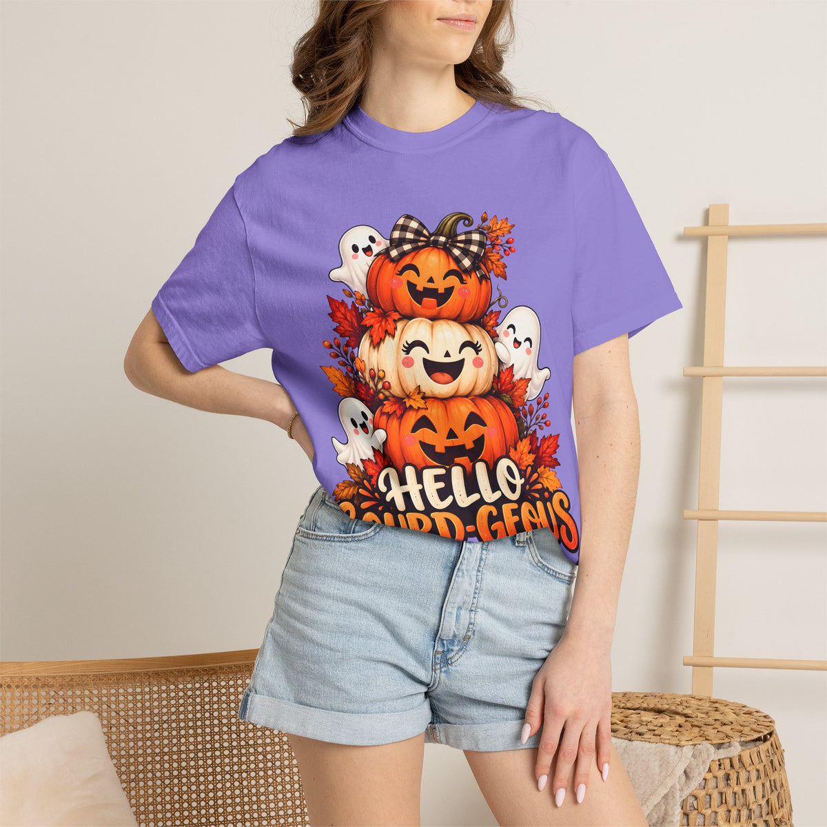 Hello Gourd-Geous Halloween T-Shirt | Cute Pumpkin & Ghost Graphic Tee