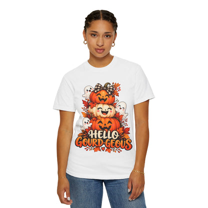 Hello Gourd-Geous Halloween T-shirt design featuring three smiling stacked pumpkins, three friendly white ghosts, a black-and-white plaid bow, colorful autumn leaves, and bold orange lettering.