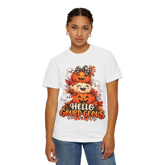 Hello Gourd-Geous Halloween T-shirt design featuring three smiling stacked pumpkins, three friendly white ghosts, a black-and-white plaid bow, colorful autumn leaves, and bold orange lettering.