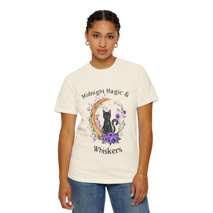 Mystical Black Cat Crescent Moon Floral Graphic Tee – Witchy Cat Lover Shirt