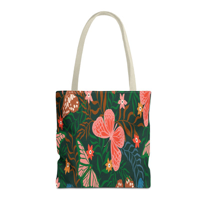 Floral Butterfly Tote Bag — Pink Butterflies on Green Botanical Print