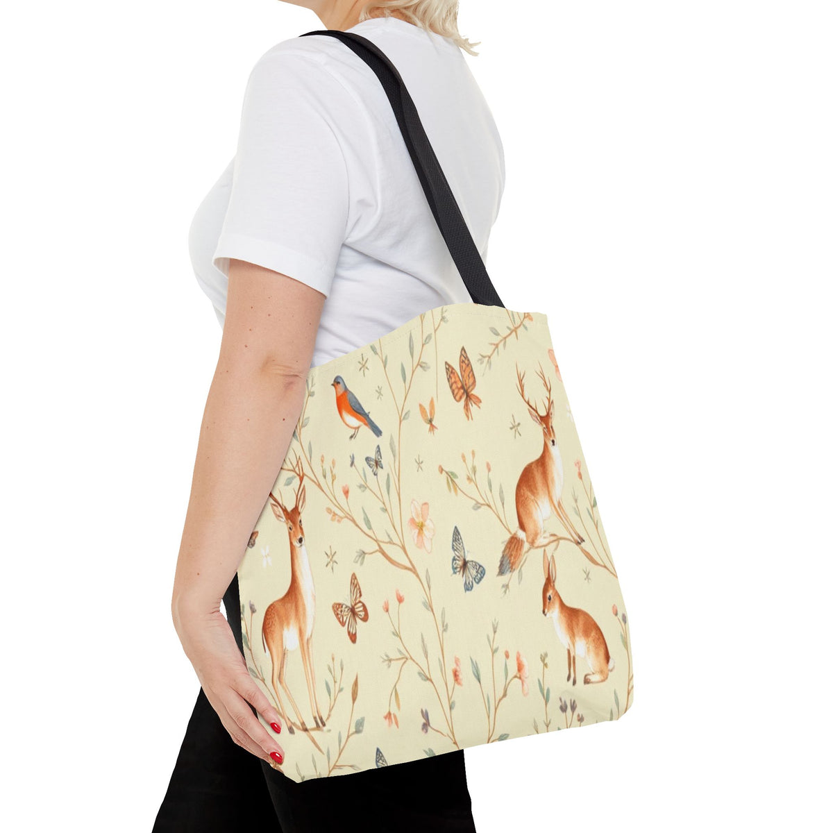 Floral Woodland Tote Bag - Deer & Birds Pattern