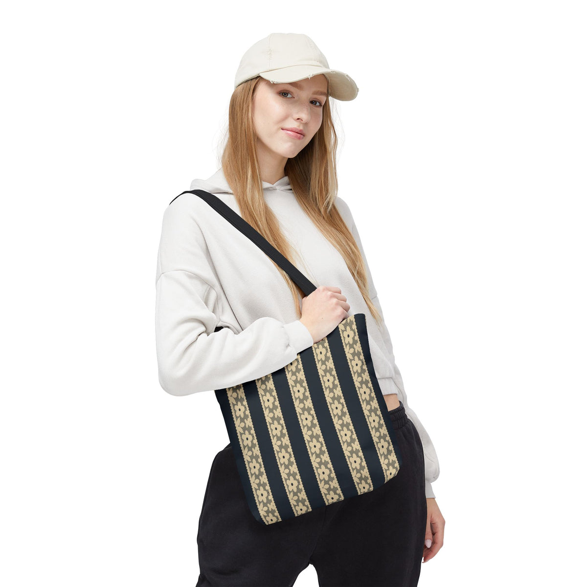 Lace Floral Yellow Black Stripe Tote Bag