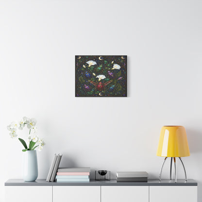 Jewel-toned beetles in an Art Nouveau stained-glass moonflower garden with ferns, crescent moons, stars, and dark botanical foliage.