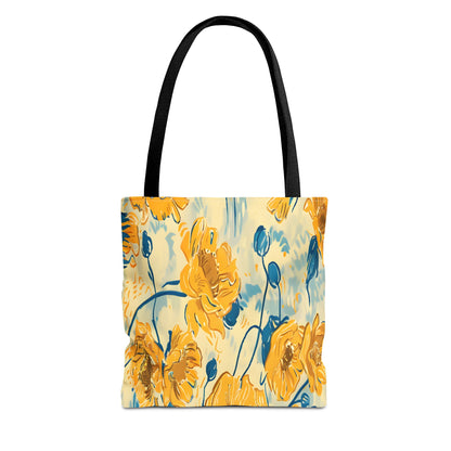 Golden Poppy Meadow Tote Bag – Yellow & Teal Painterly Floral Patter