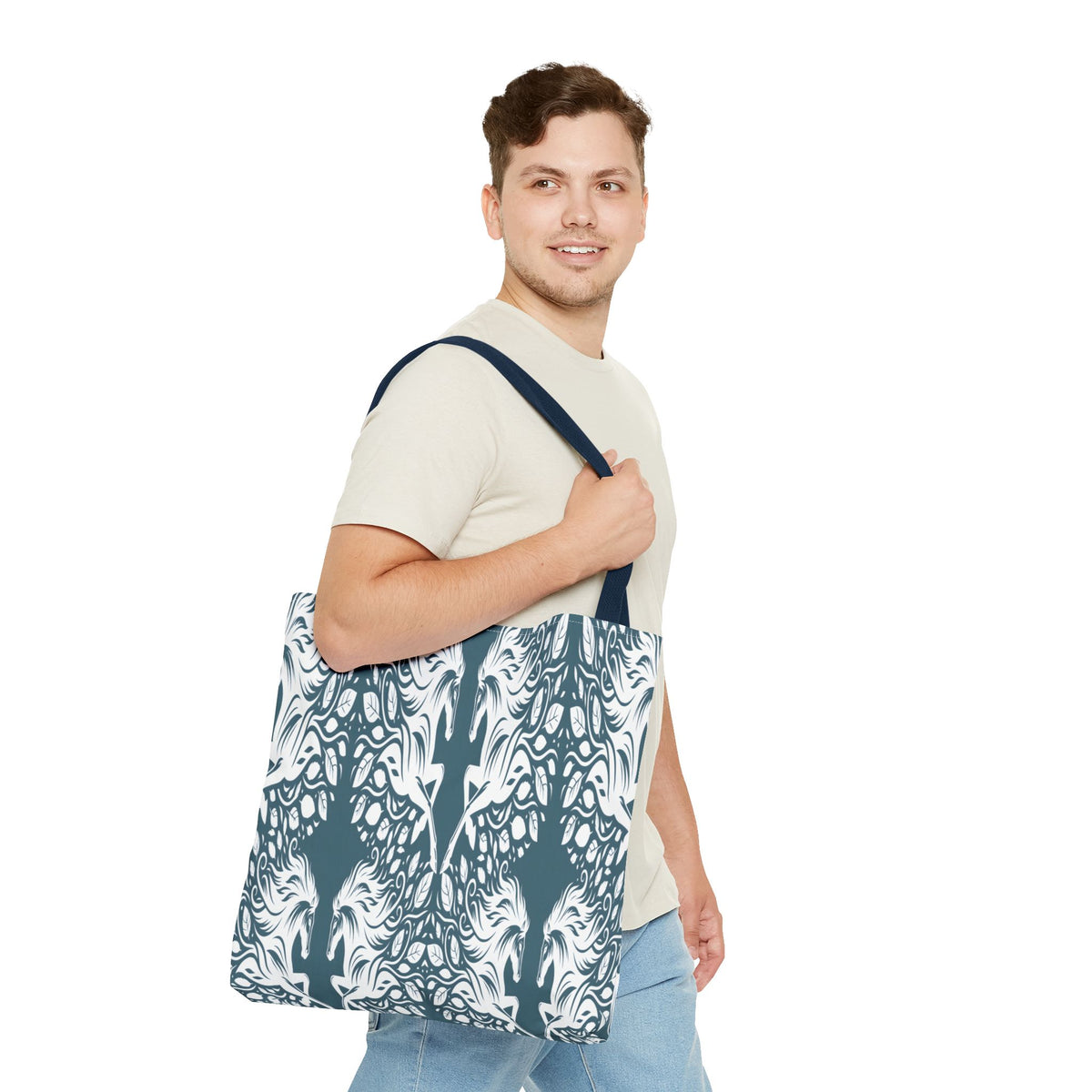 Abstract Teal Symmetry Tote Bag — All-Over-Print Artistic Pattern