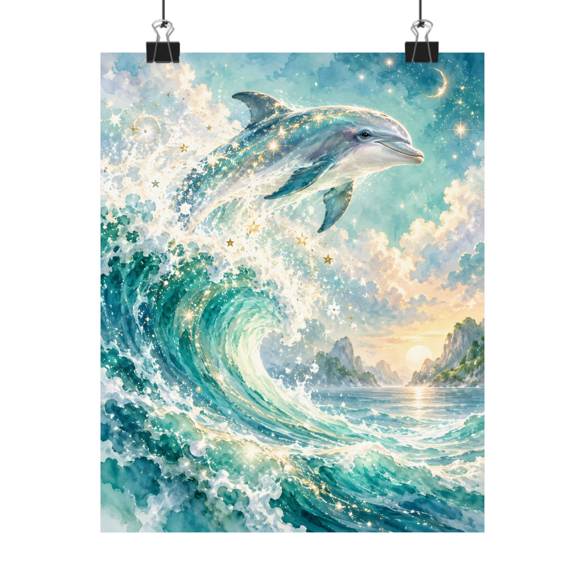 Celestial Dolphin Galaxy Watercolor Art – Indigo Magenta Nebula