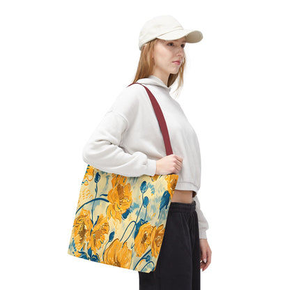Golden Poppy Meadow Tote Bag – Yellow & Teal Painterly Floral Patter