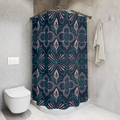 Nordic Folk Floral Navy & Blush Geometric Pattern for Fabric & Wallpaper