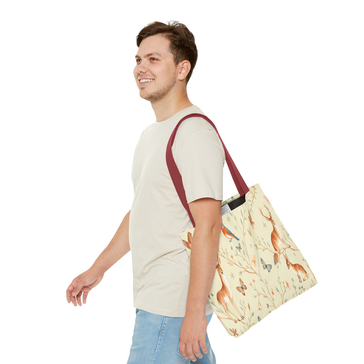 Floral Woodland Tote Bag - Deer & Birds Pattern