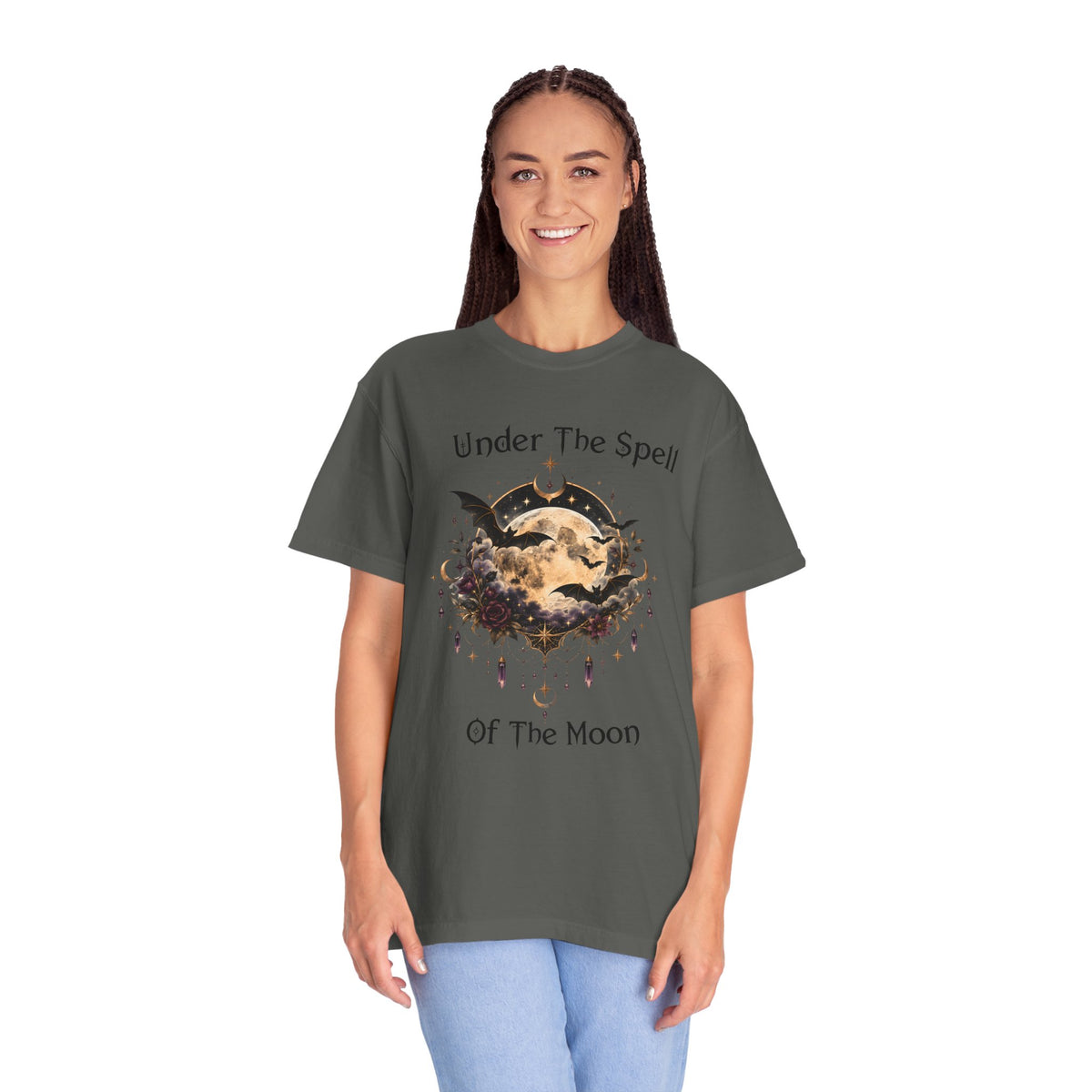 Moonlit Enchantment T-Shirt | Gothic Celestial Moon & Bats Graphic Tee