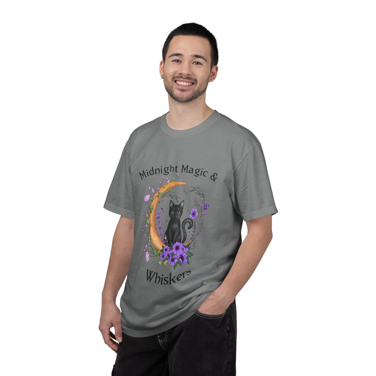 Mystical Black Cat Crescent Moon Floral Graphic Tee – Witchy Cat Lover Shirt