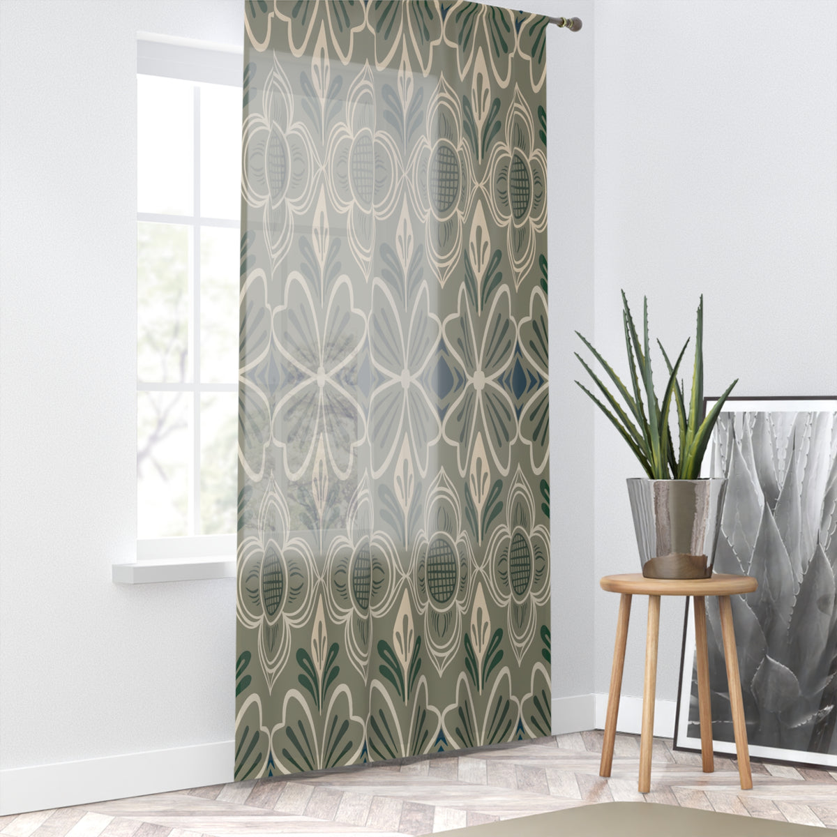 Nordic Folk Floral Sage & Cream Geometric Window Curtain — Green Floral Pattern Drapes
