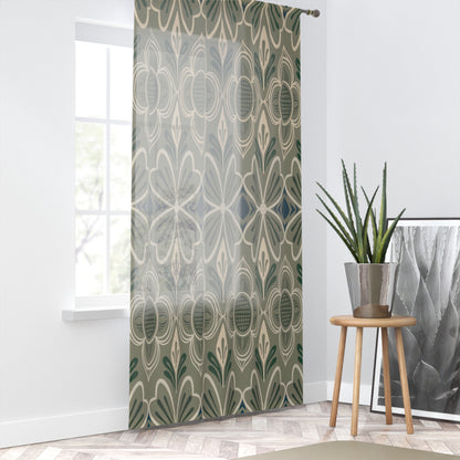 Nordic Folk Floral Sage & Cream Geometric Window Curtain — Green Floral Pattern Drapes