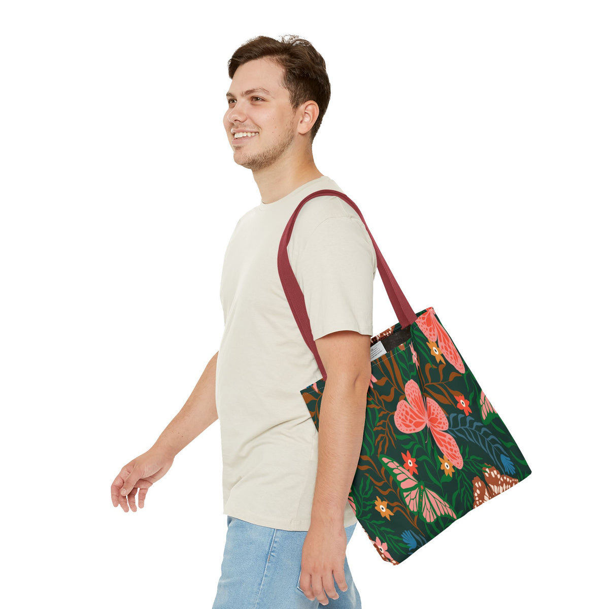 Floral Butterfly Tote Bag — Pink Butterflies on Green Botanical Print