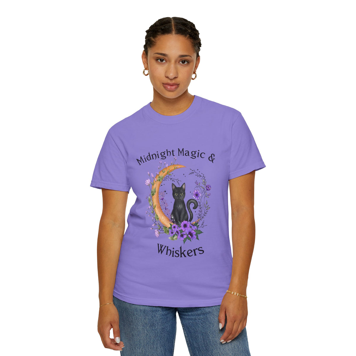 Mystical Black Cat Crescent Moon Floral Graphic Tee – Witchy Cat Lover Shirt