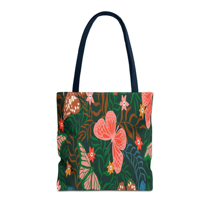 Floral Butterfly Tote Bag — Pink Butterflies on Green Botanical Print