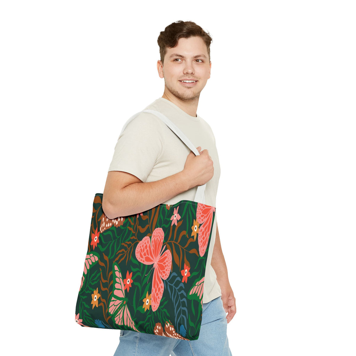 Floral Butterfly Tote Bag — Pink Butterflies on Green Botanical Print