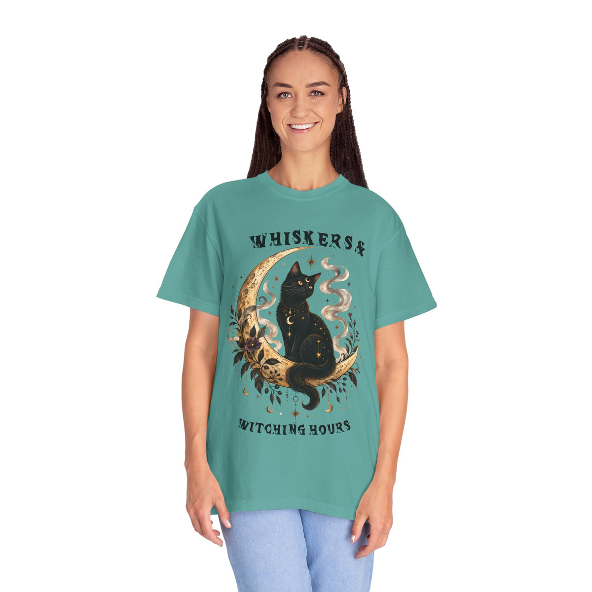 Mystical Black Cat Crescent Moon T-Shirt | Celestial Witchy Cat Tee