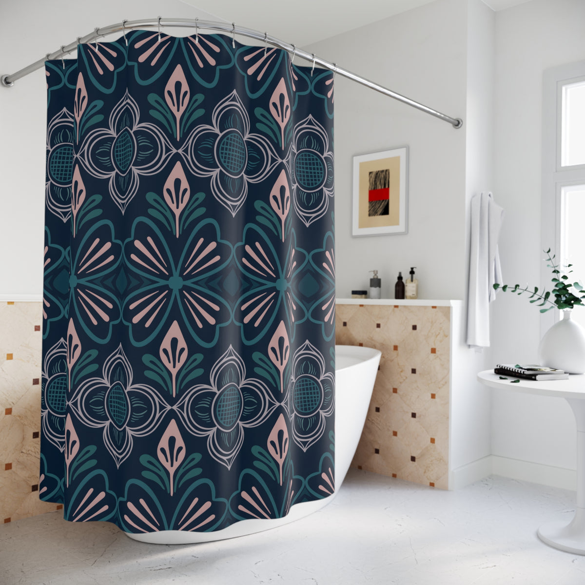 Nordic Folk Floral Navy & Blush Geometric Pattern for Fabric & Wallpaper