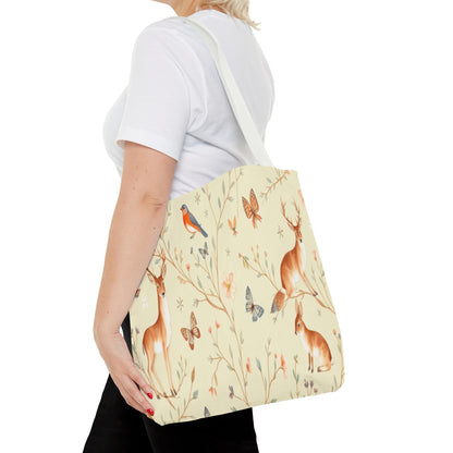 Floral Woodland Tote Bag - Deer & Birds Pattern