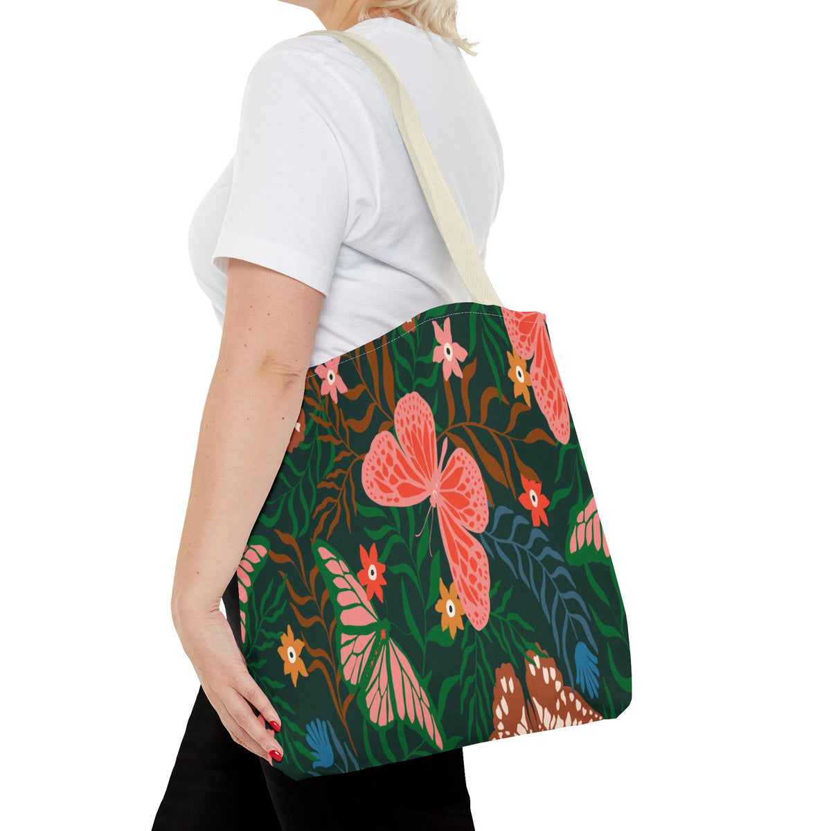 Floral Butterfly Tote Bag — Pink Butterflies on Green Botanical Print